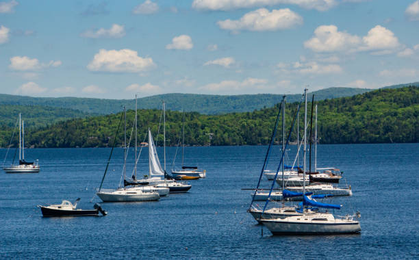 sailboats moored in bay on Lake Champlain, Vermont